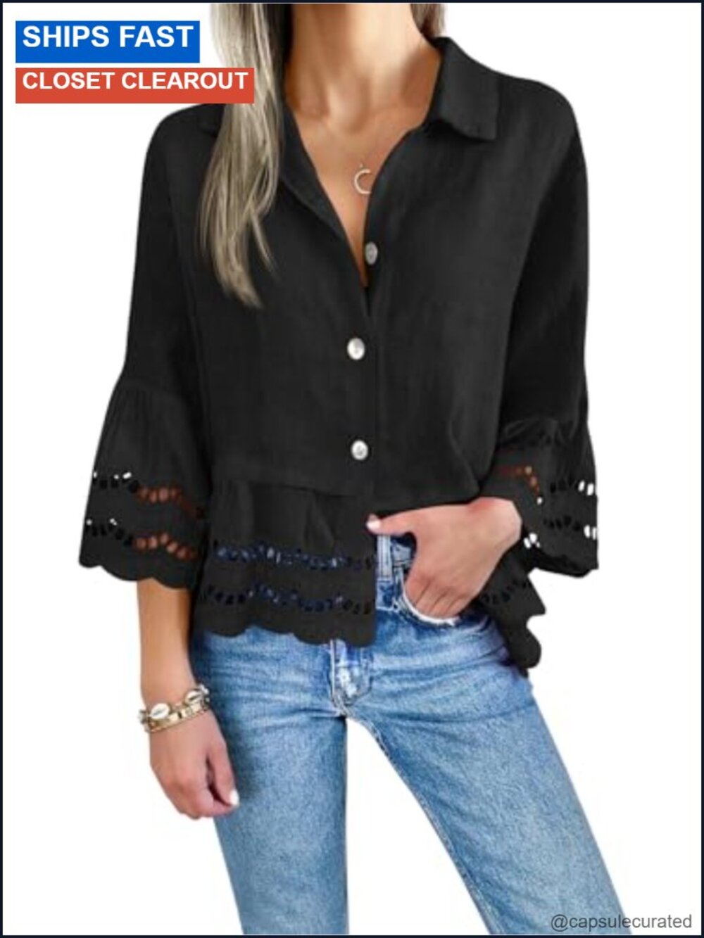 Womens 3/4 Bell Sleeve Button Down Shirt Casual Top Eyelet Blouse V-Neck Loose